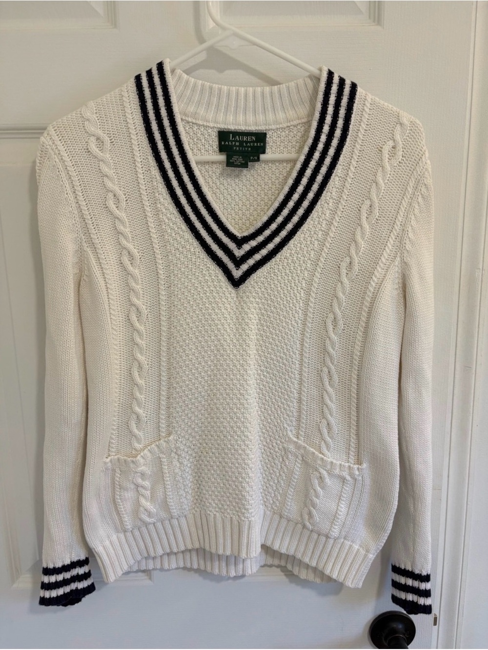 Ralph Lauren 100% Cotton Cable-Knit Cricket Sweater with Navy Trim and Pockets